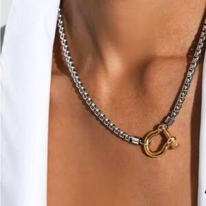 18K Silver Gold Mix Carabiner Chain Necklace (7119)